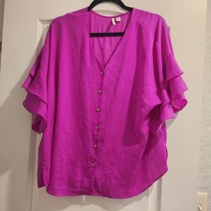 Cato Magenta Ruffle Sleeve Button-Front Blouse XL EUC